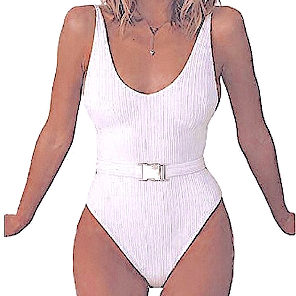 White Ribbed Belted Cheeky Swimsuit, Small